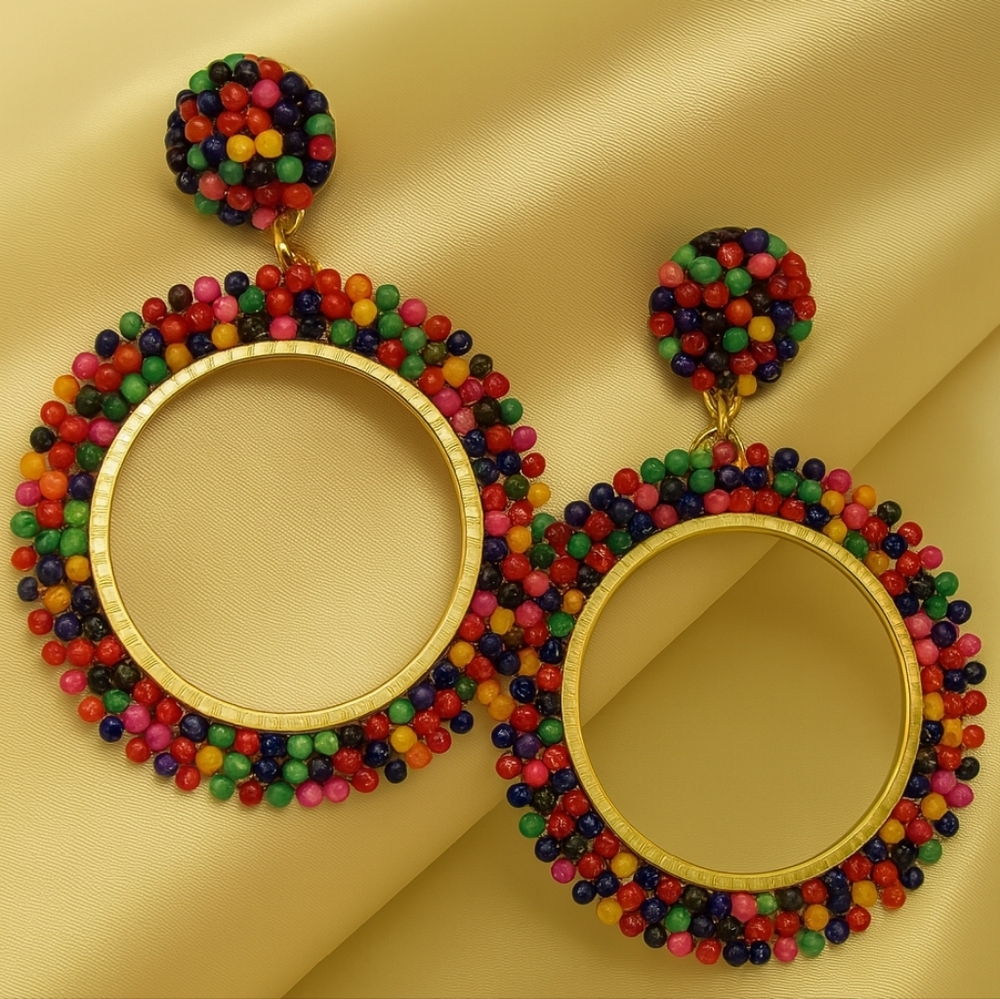 Bold Gold Beaded Hoop Earrings – Hypoallergenic Colorful Statement Women Jewelry